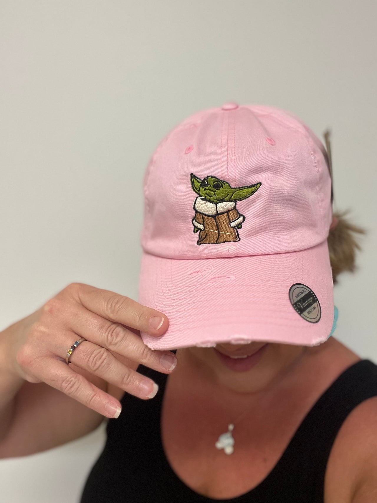 Pink Regular Distressed Baby Yoda Hat