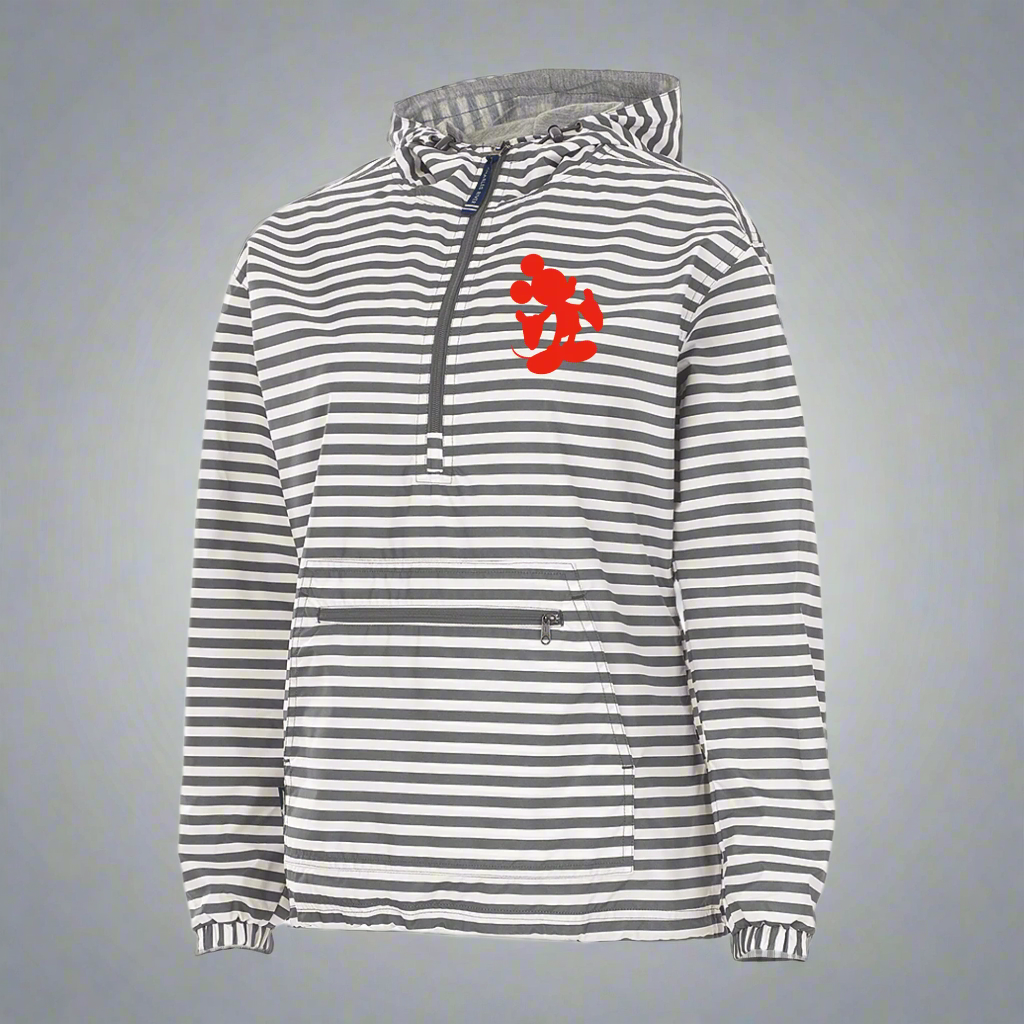 LADIES FIT - Grey and White Striped 1/4 Zip Rain Jacket w/ Red Silhouette
