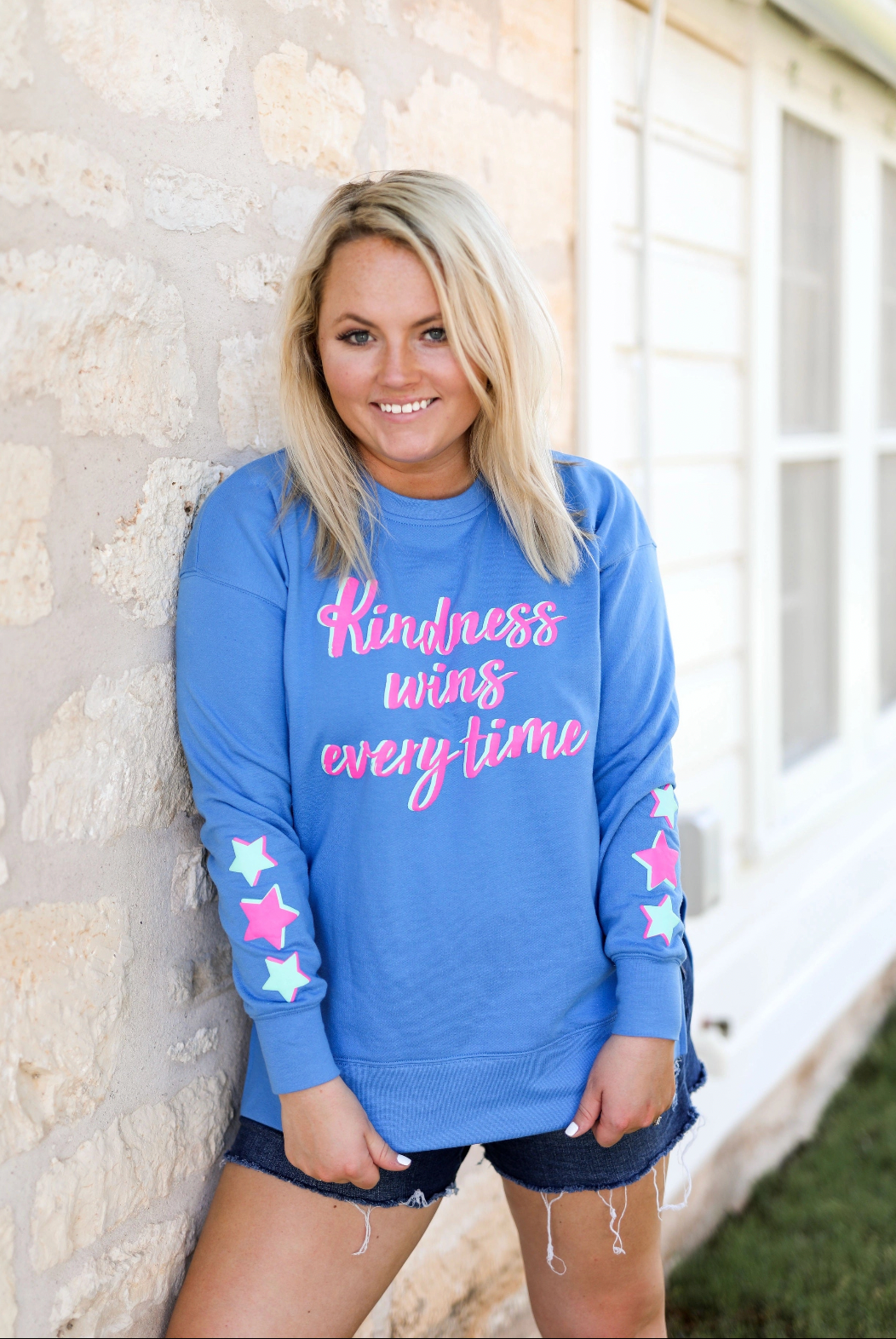 Kindness Wins Every Time Puff Print Sweatshirt (Flo blue)