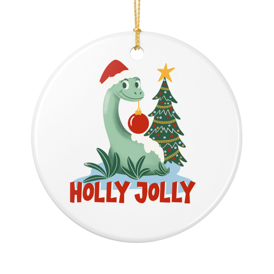 Holly Jolly Dino Ceramic Ornament, Holiday Decorations, Unique Keepsake