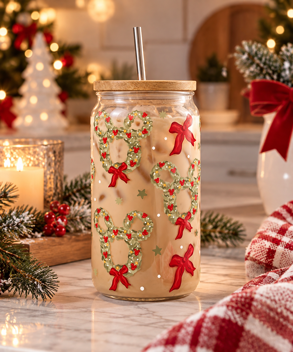 16 Oz Glass Wreath Cup With Bamboo Lid (Pre-Order)