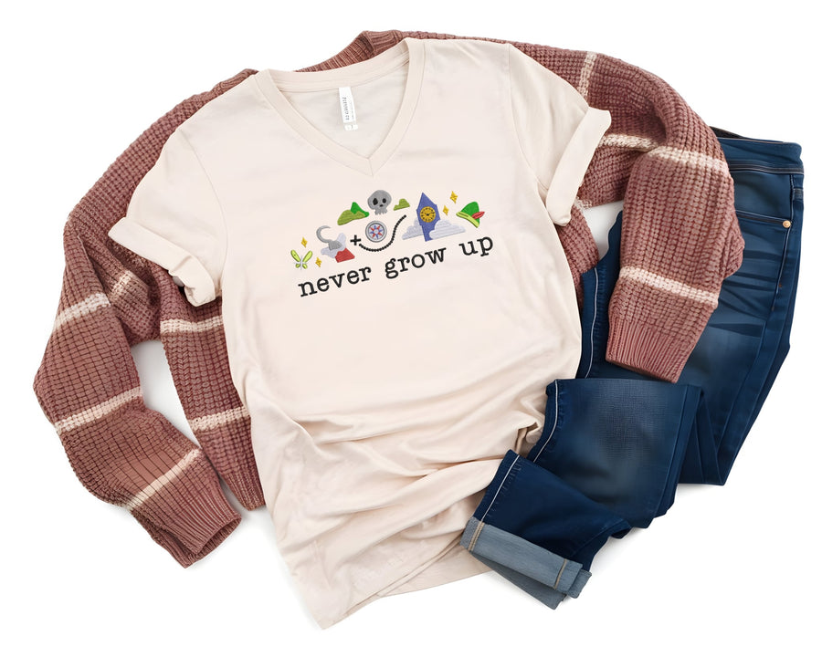 V-Neck Embroidered Natural Never Grow Up  Tee (Pre-Order)