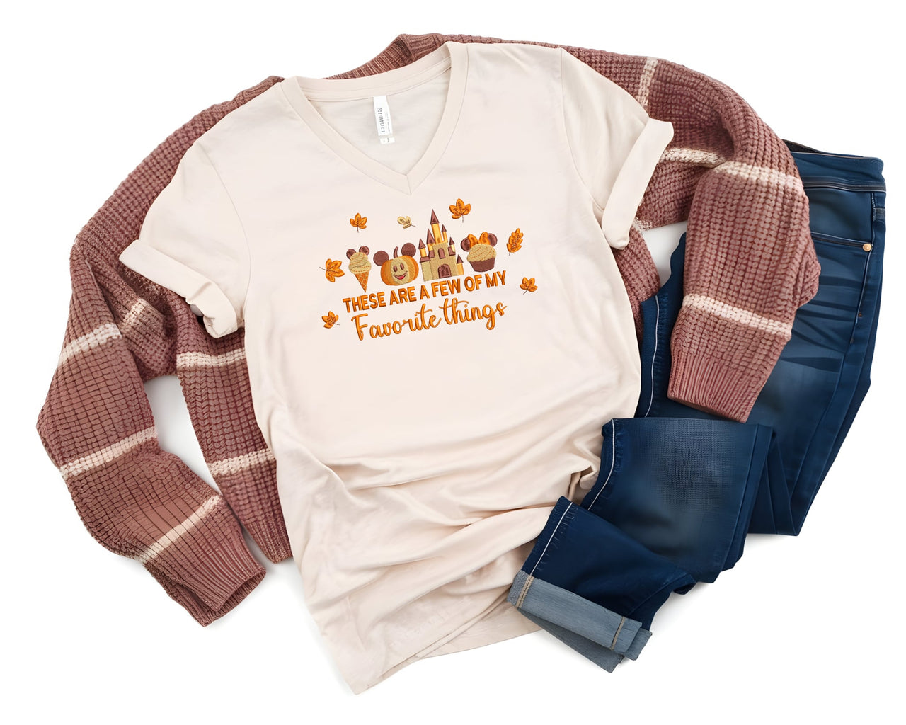 V-Neck Embroidered Natural Fall Favorite Things Tee (Pre-Order)