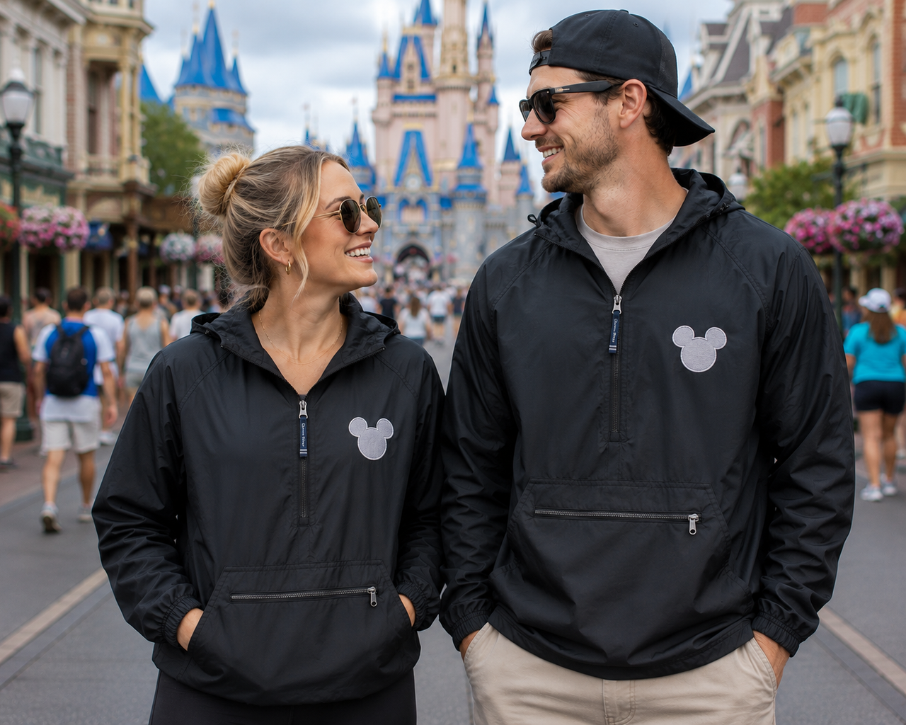 Black Embroidered Silver Mouse Head  Rain Jacket Quarter Zip (Pre-Order)