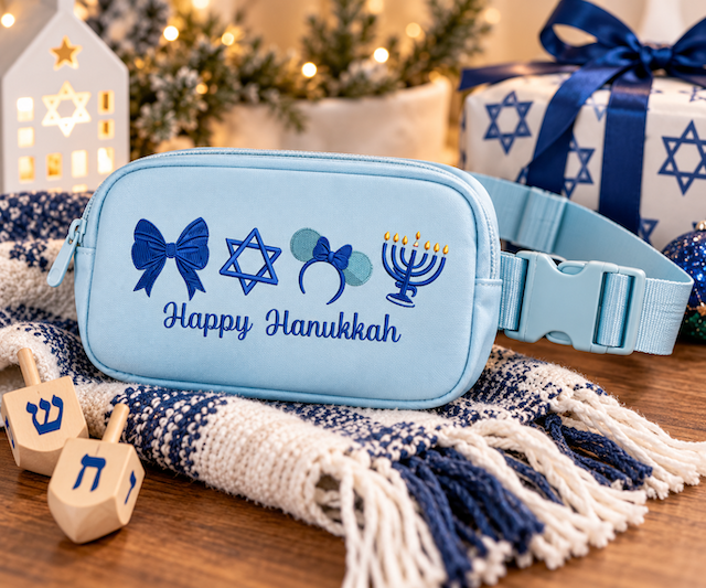 Light Blue Embroidered Happy Hanukkah Sling Bag (Pre-Order)