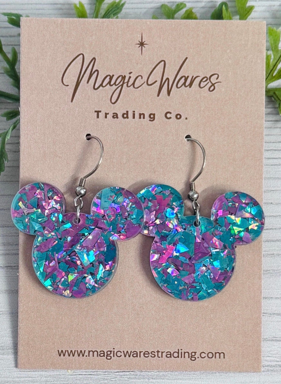 Dangle Mouse Head Blue and Purple Glitter Earrings(Pre-Order)