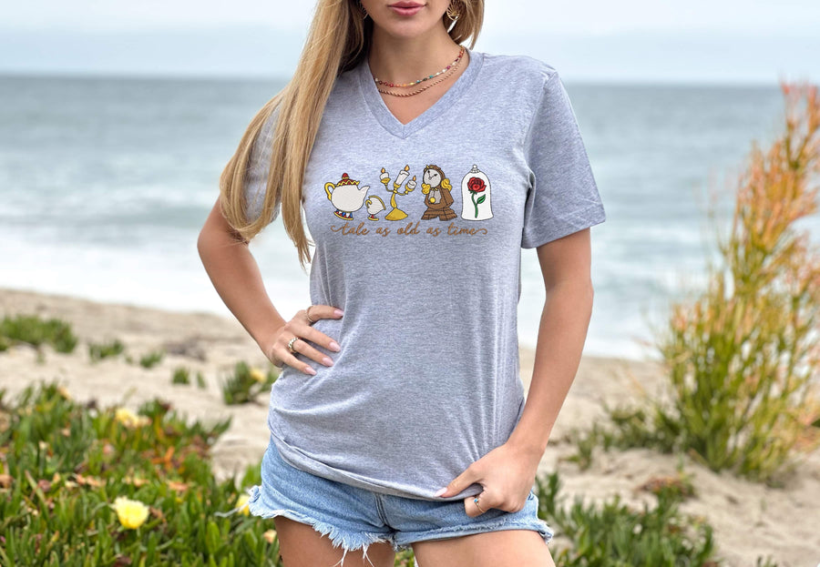 V-Neck Grey Embroidered Enchanted Friends Tee (Pre-Order)