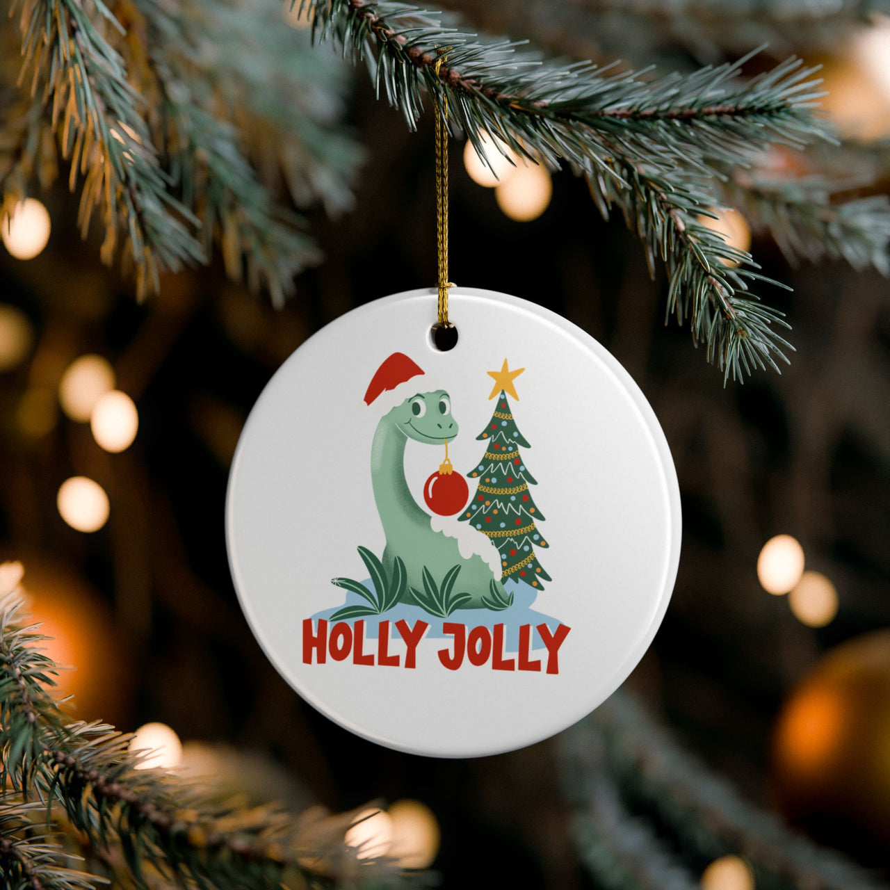 Holly Jolly Dino Ceramic Ornament, Holiday Decorations, Unique Keepsake
