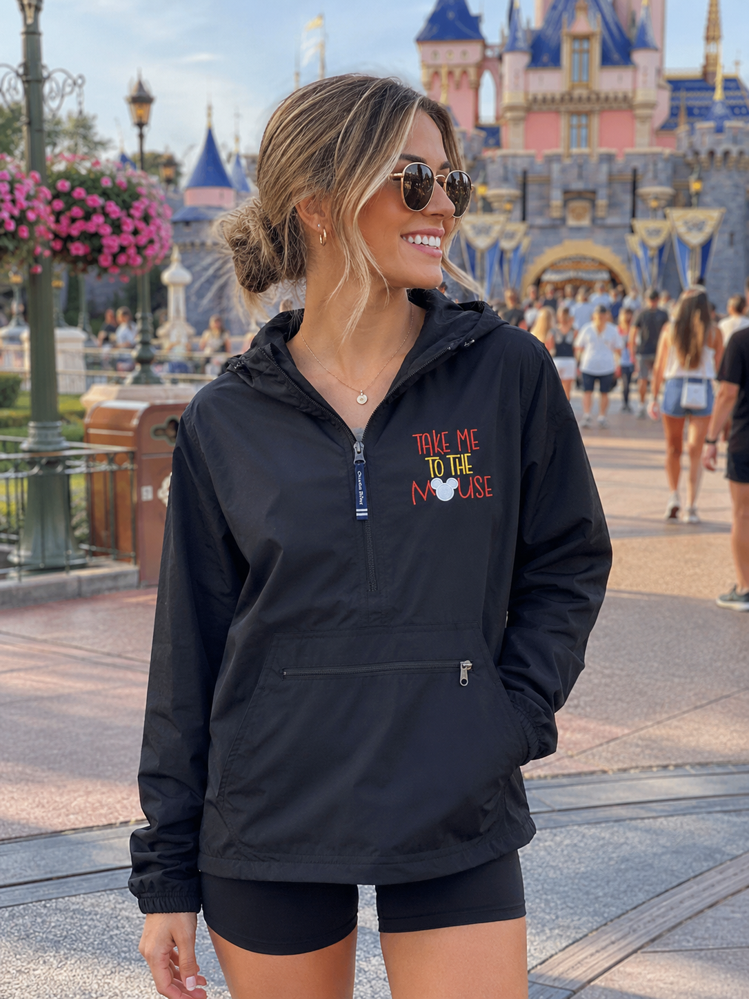 Black Embroidered Take Me To The Mouse  Rain Jacket Quarter Zip (Pre-Order)