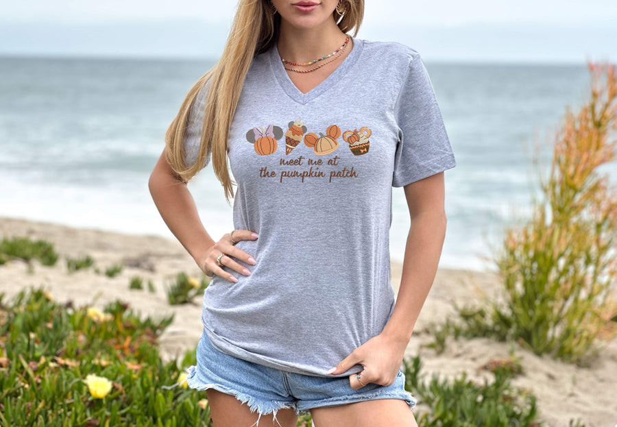 V-Neck Athletic Grey Embroidered Meet Me At The Pumpkin Patch Tee (Pre-Order)