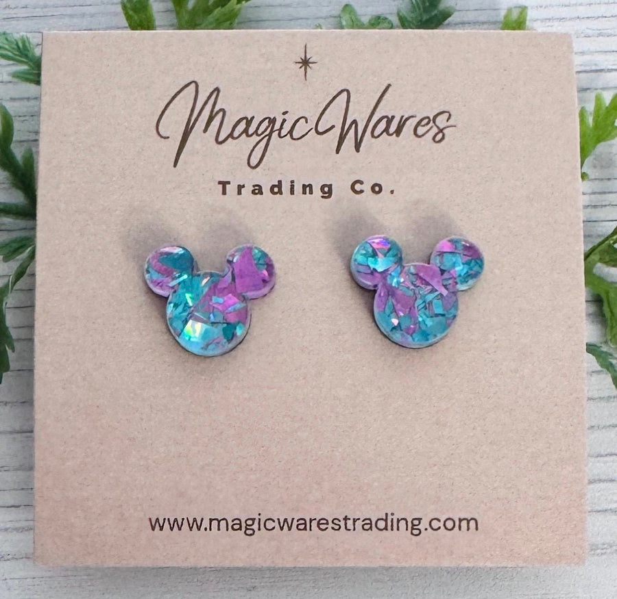 Stud Mouse Head Blue and Purple Glitter Earrings(Pre-Order)
