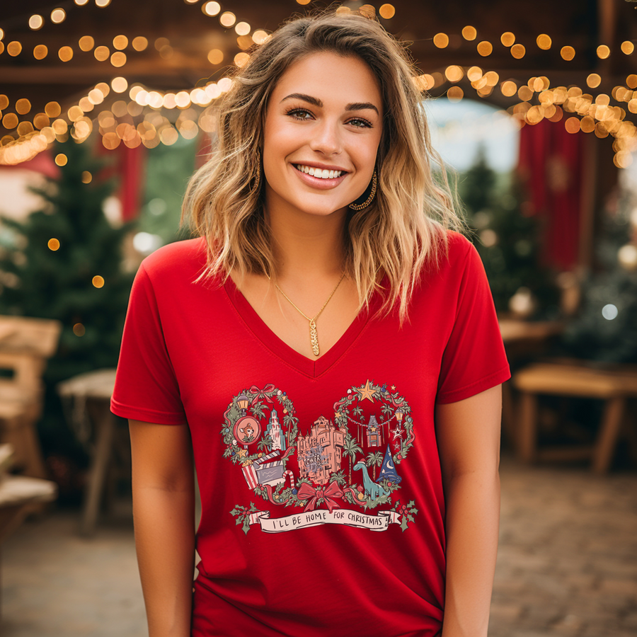 Red V-Neck I'll Be Home For Christmas (Pre-Order)