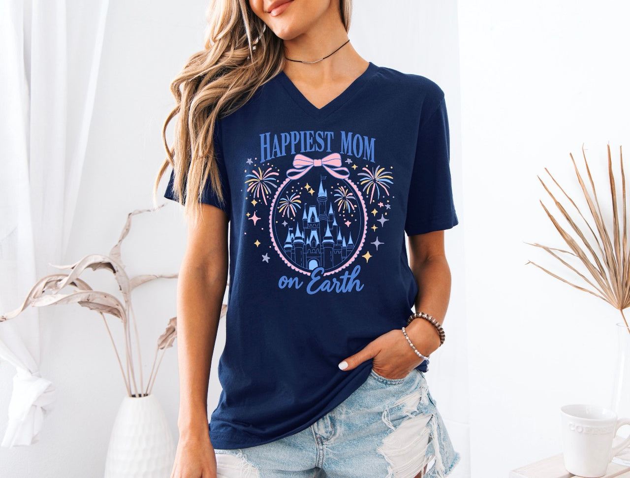 V-Neck Navy Happiest Mom on Earth Tee