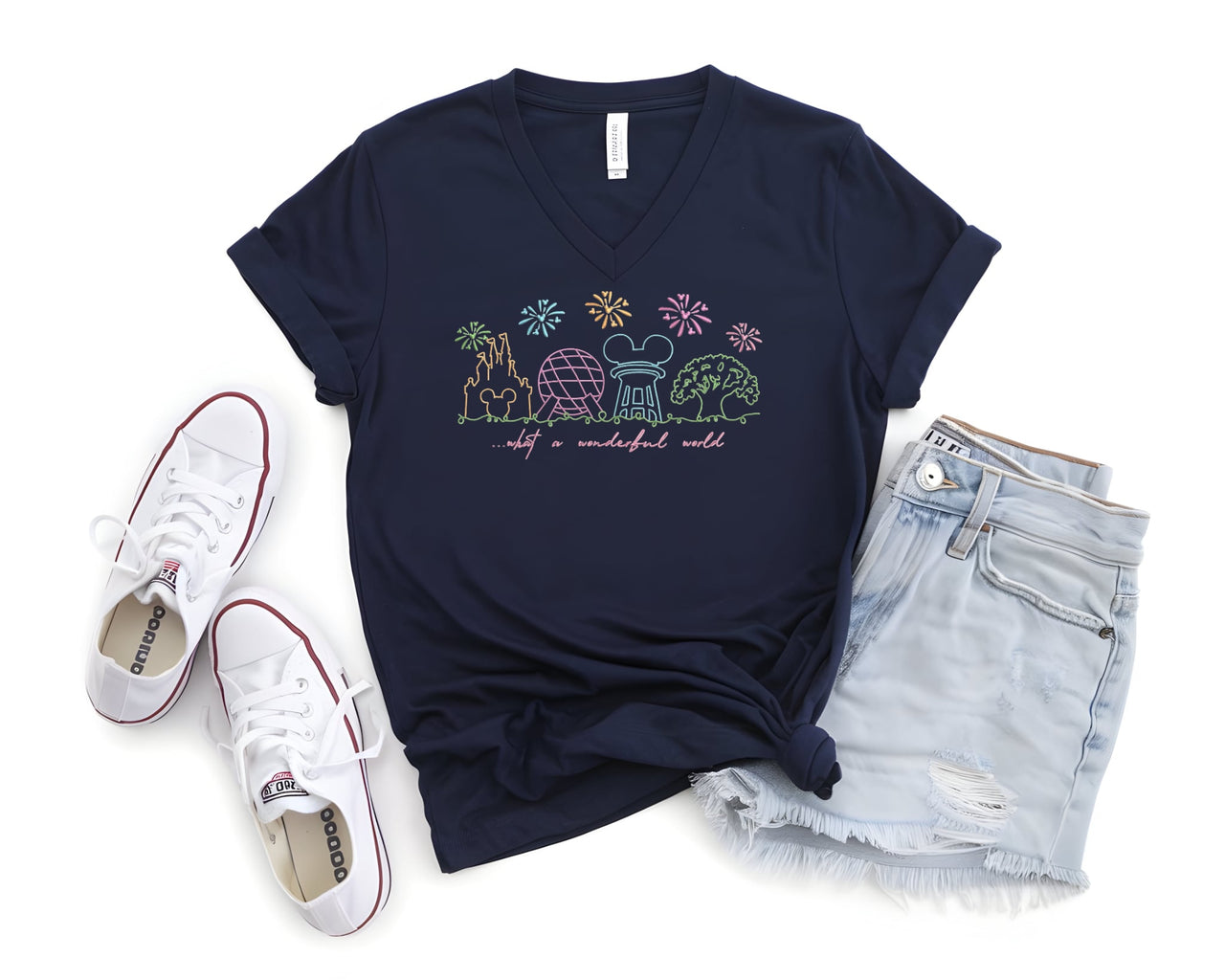 V-Neck Embroidered Navy What A Wonderful World Tee (PRE-ORDER)