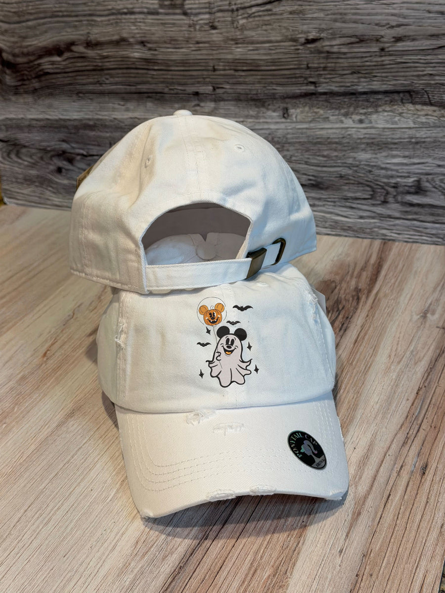 White Embroidered Happy Ghost Hat (Pre-Order)