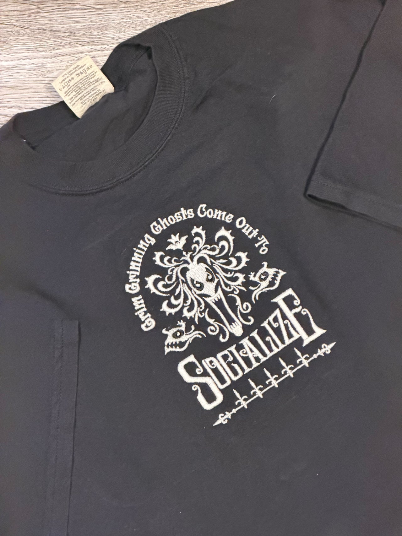 Black Embroidered Glow In Dark Grim Grinning Ghost Tee (Pre-Order)