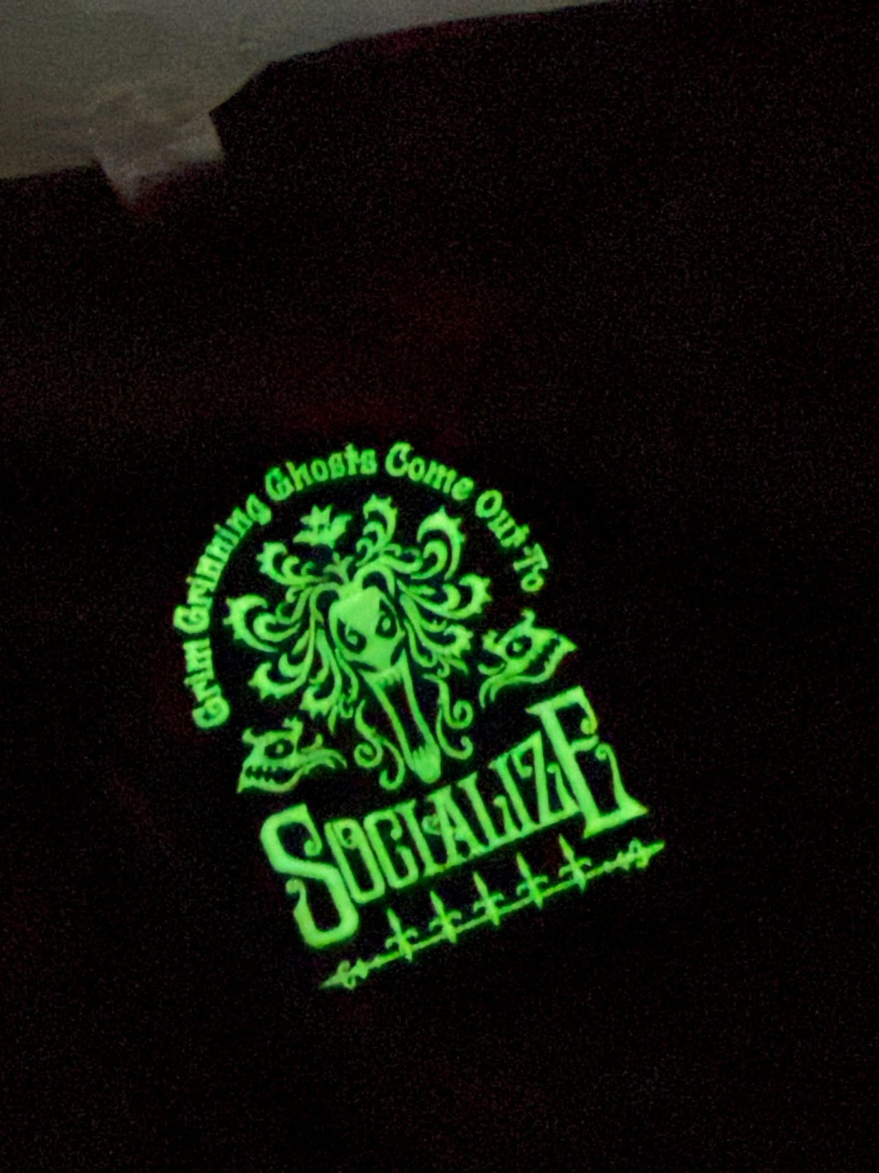 Black Embroidered Glow In Dark Grim Grinning Ghost Tee (Pre-Order)