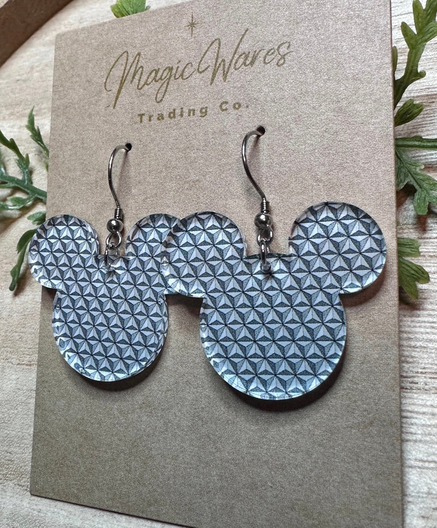Dangle Mouse Head Spaceship Earth Earrings (Pre-Order)
