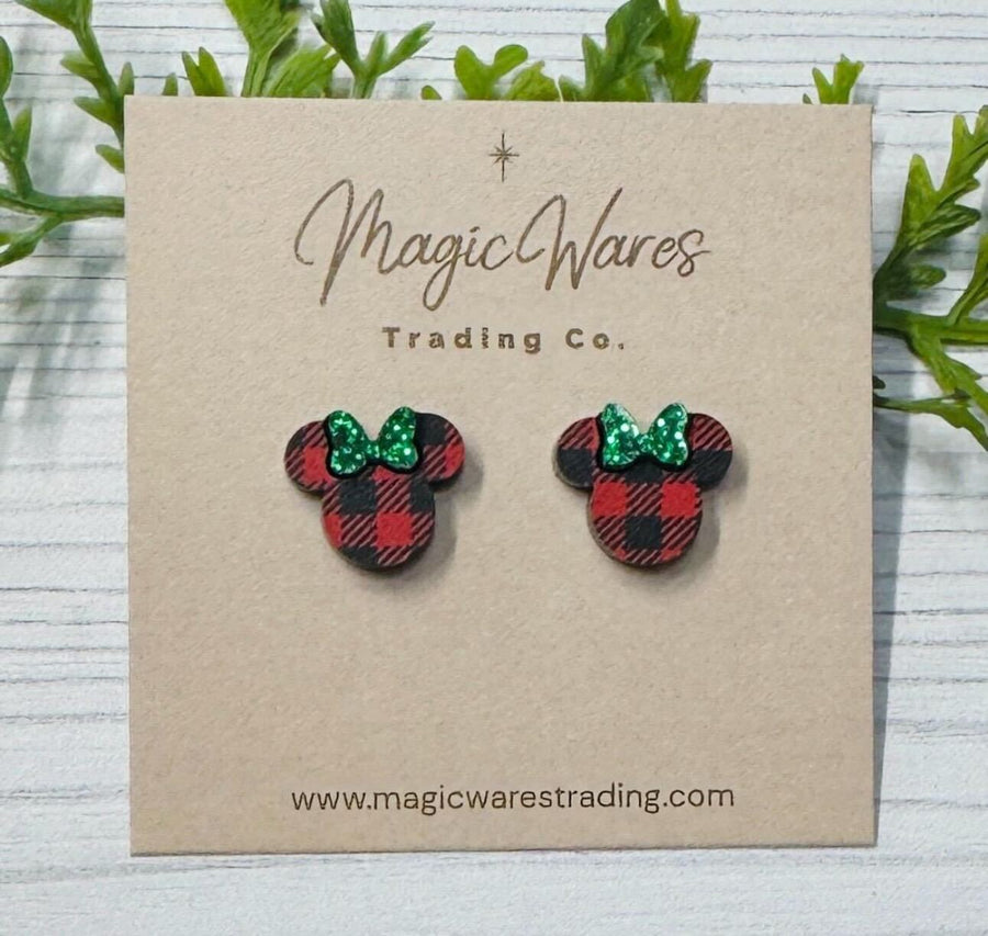 Stud Plaid with Green Glitter Bow Earrings (Pre-Order)