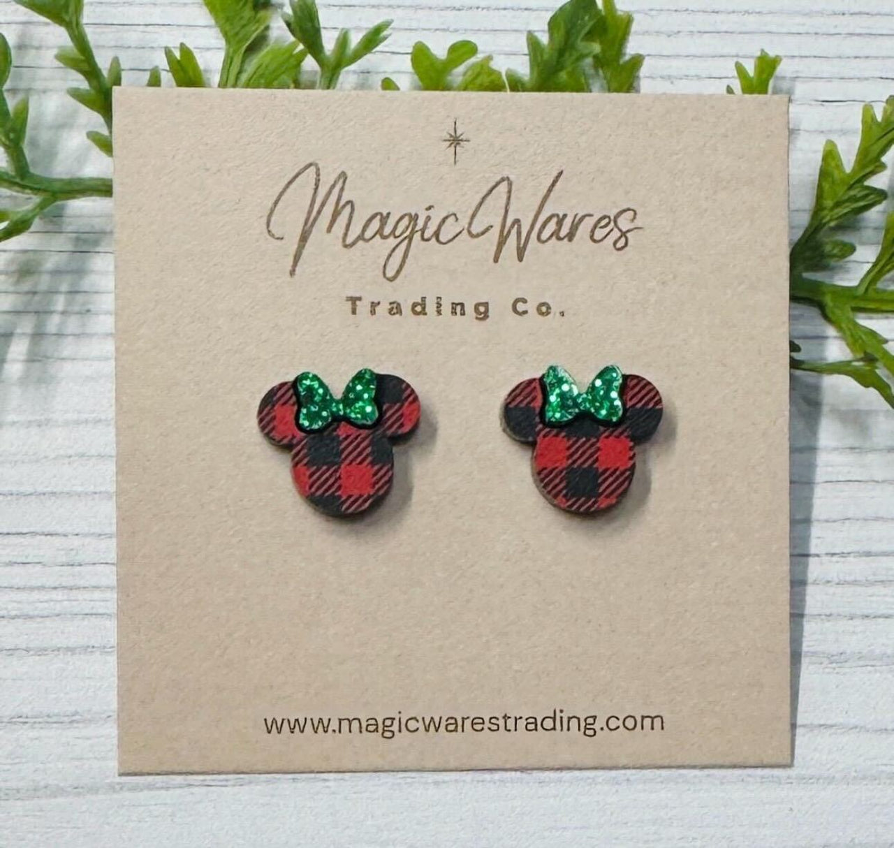 Stud Plaid with Green Glitter Bow Earrings (Pre-Order)