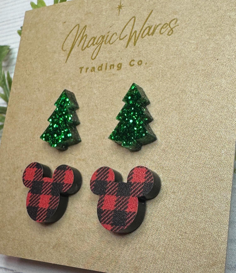 Tree and Buffalo Mouse Stud Earrings  (Pre-Order)