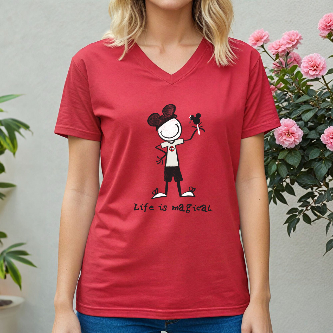 V-Neck Red Life is Magical Mouse Marketplace Edition Tee