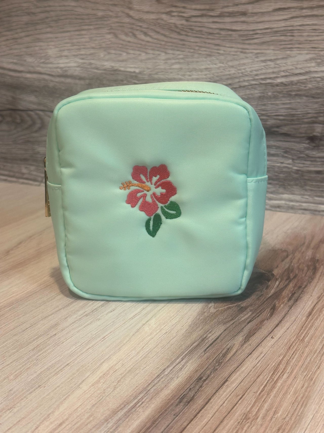 Small Mint Embroidered Hibiscus Pouch