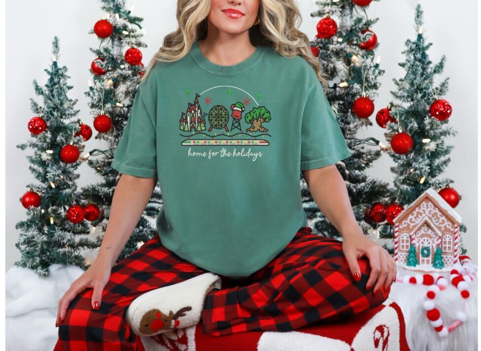 T-Shirt Light Green Home For Holidays Embroidered (Pre-Order)