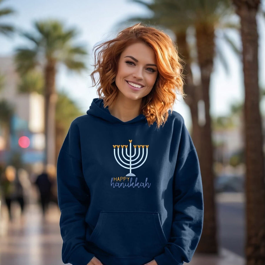 Hoodie - Navy Embroidered Happy Hanukkah Hoodie (Pre-Order)