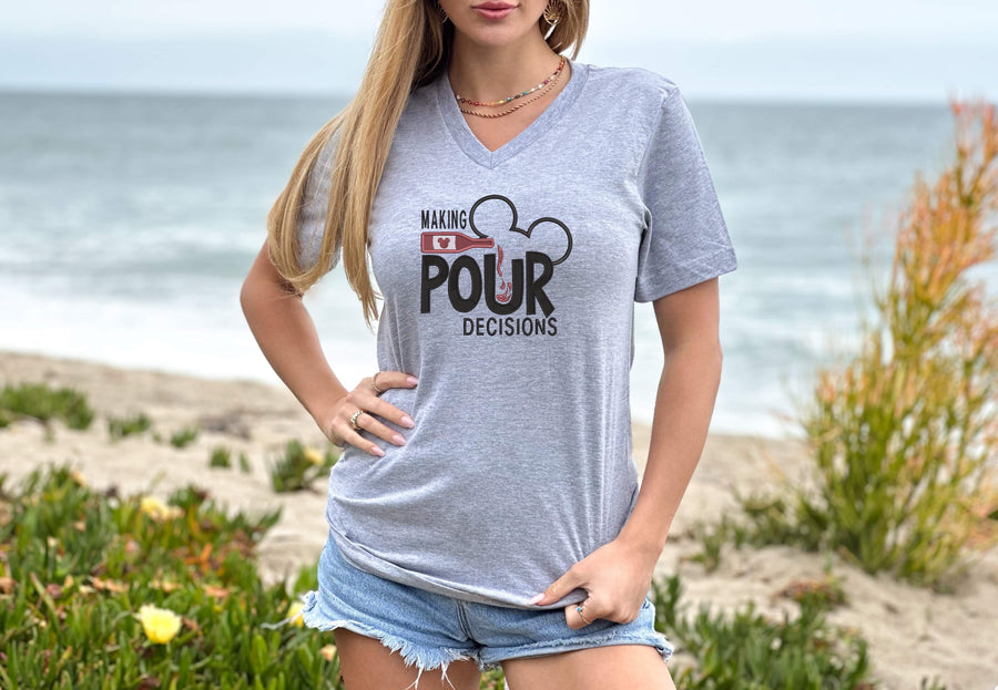 V-Neck Grey Embroidered Pour Decisions Tee (Pre-Order)