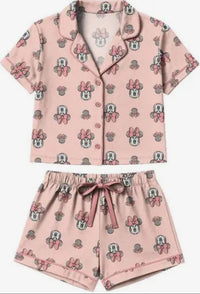 Thumbnail for Pink Girl Mouse Collared Button Down Shirt and Shorts PJ Set
