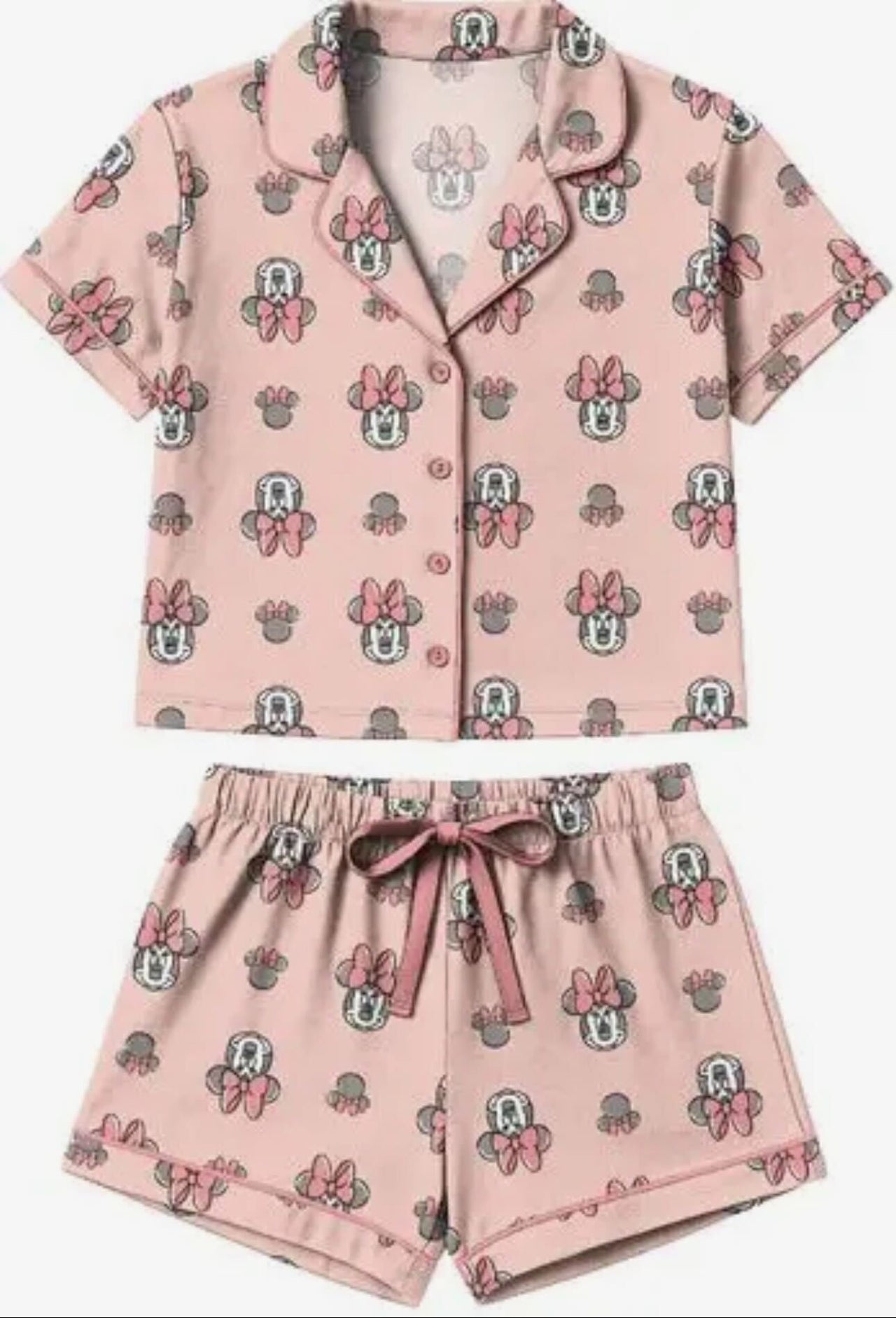 Pink Girl Mouse Collared Button Down Shirt and Shorts PJ Set