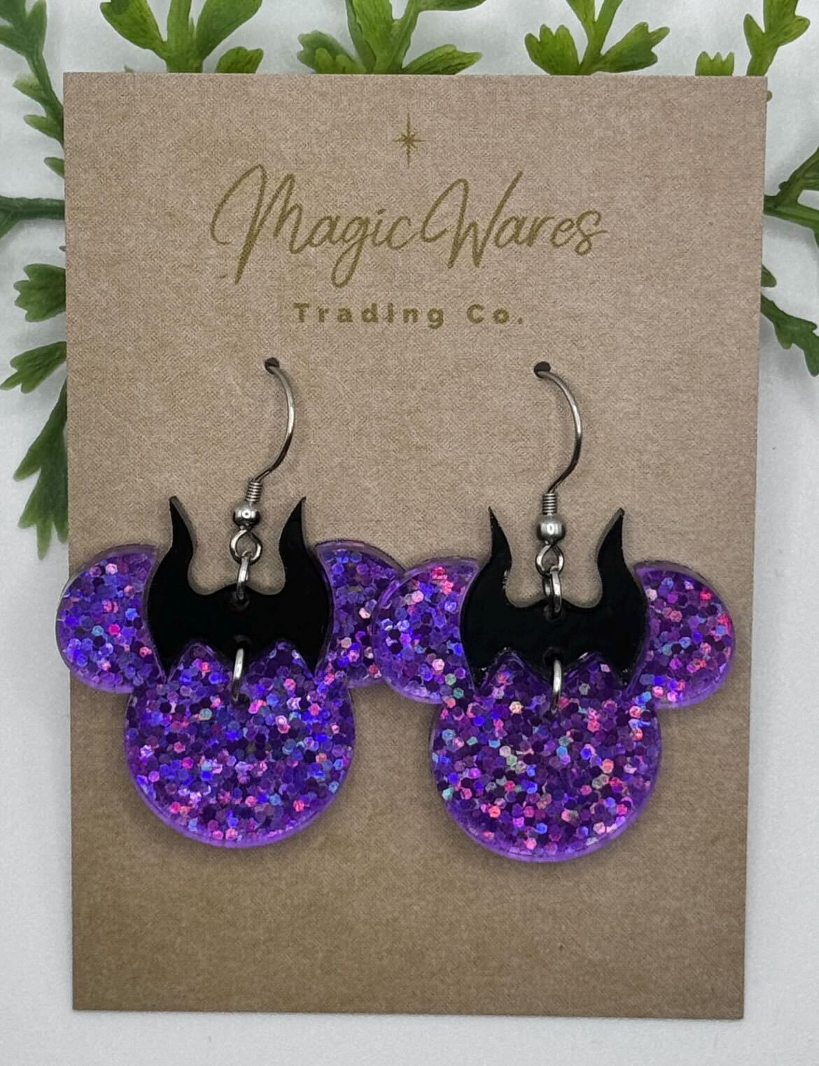 Dangle Purple Glitter - Black Horns Mouse Head Earrings (Pre-Order)
