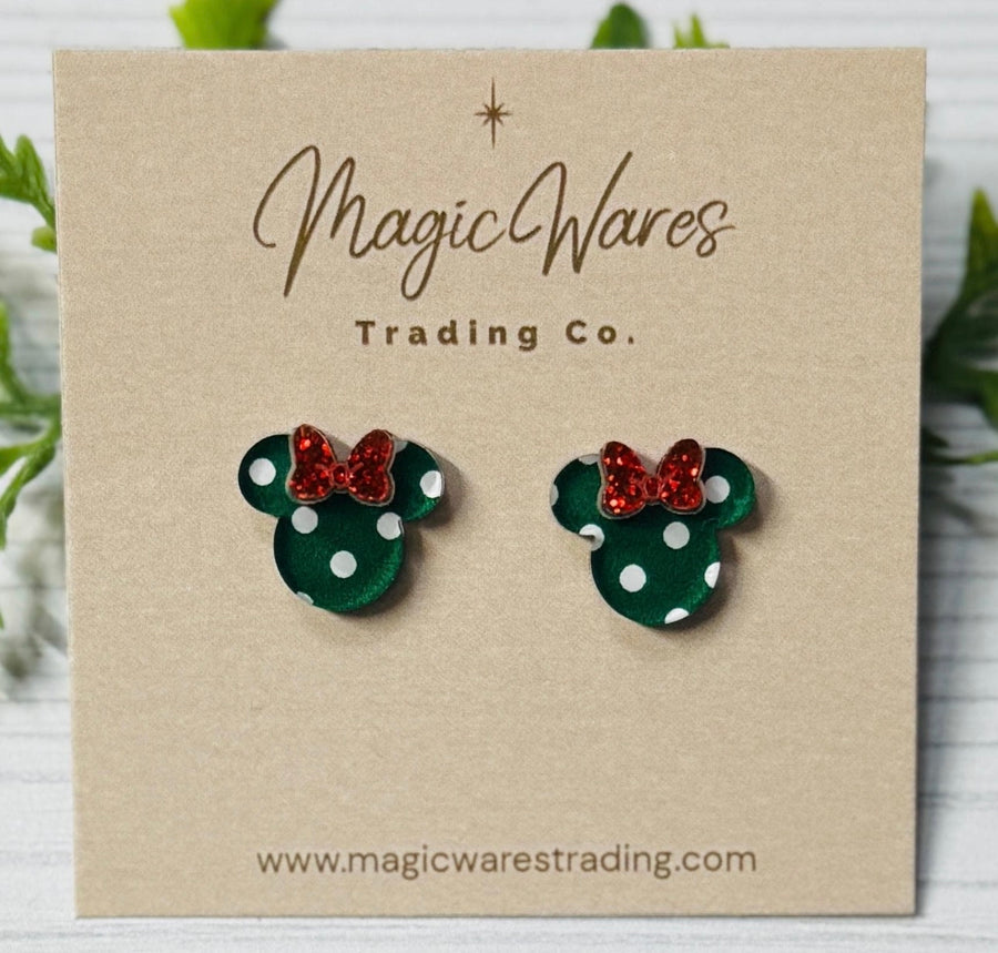 Stud Green Polka Dot with Sparkly Bow Earrings (Pre-Order)