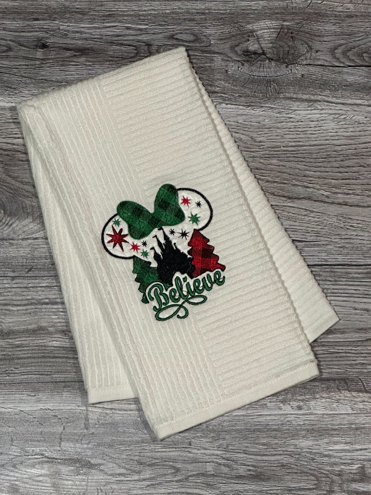 Believe Embroidered Holiday Tea Towel