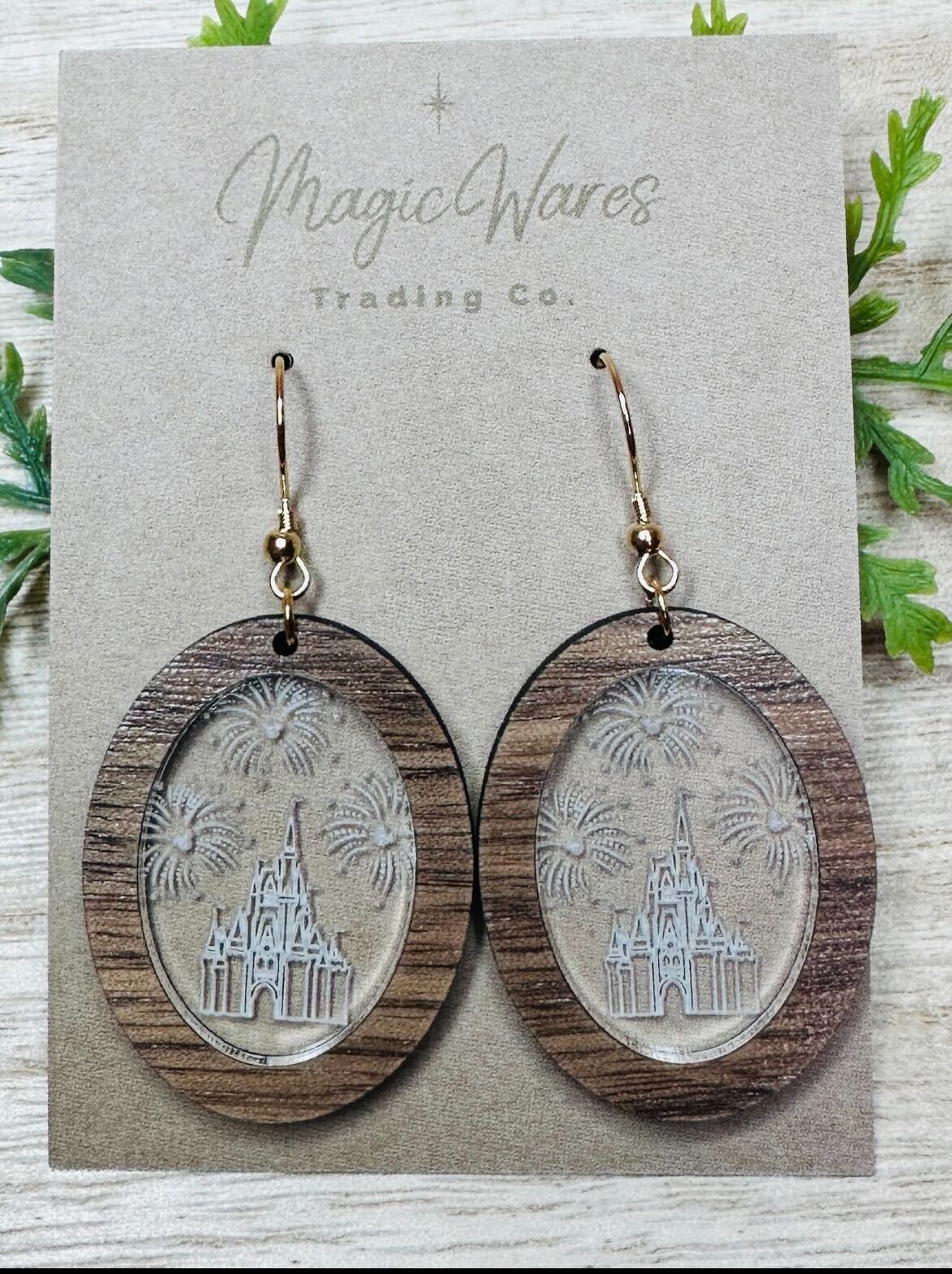 Oval Walnut and Engraved Castle Earrings