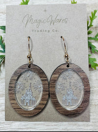 Thumbnail for Oval Walnut and Engraved Castle Earrings