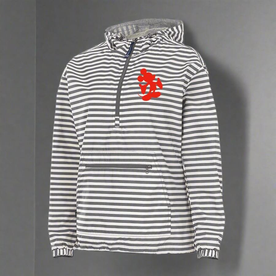 LADIES FIT - Grey and White Striped 1/4 Zip Rain Jacket w/ Red Silhouette