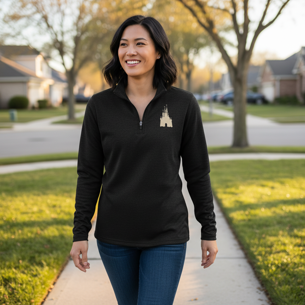 Black Tri Blend Quarter Zip Sparkly Embroidered Castle (Pre-Order)