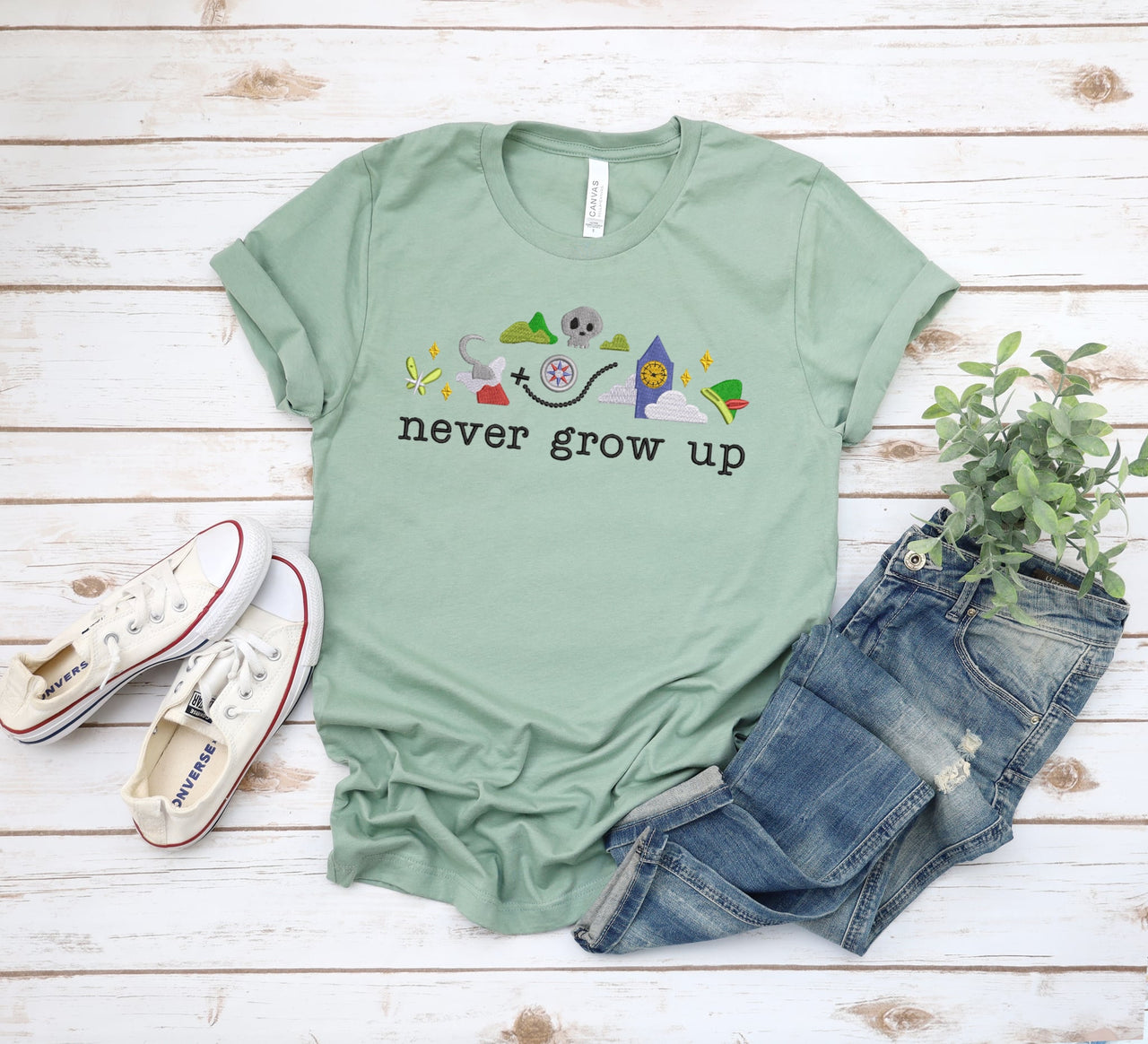 Sage Embroidered Never Grow Up Tee (Pre-Order)
