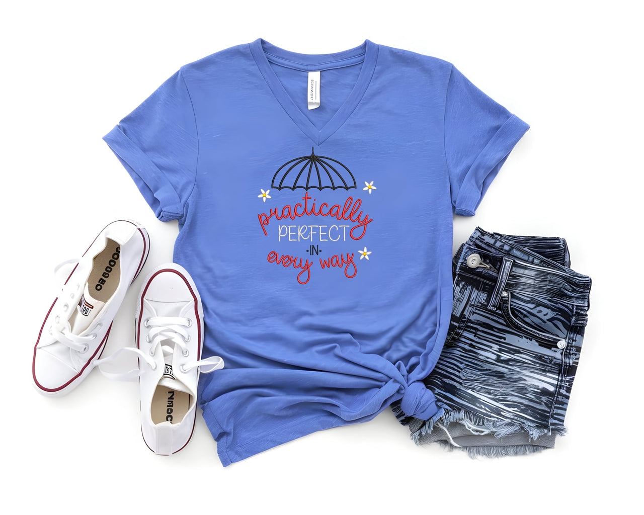 V-Neck Heather True Royal Embroidered Practically Perfect In Every Way (Pre-Order)