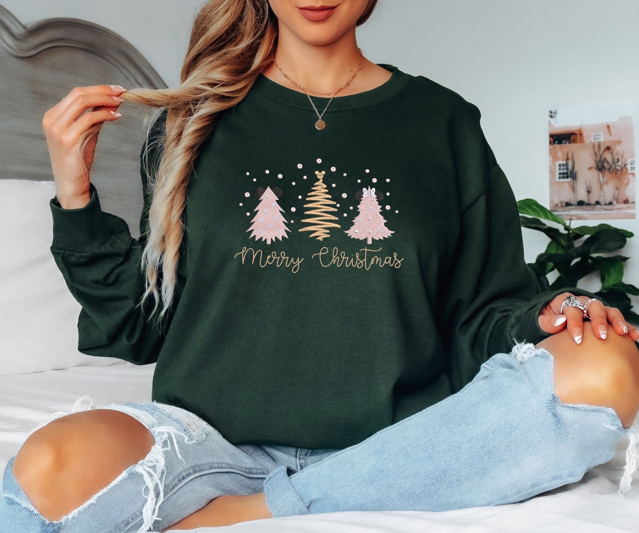Long Sleeves Embroidered Christmas Trees  Forest Green (Pre-Order)