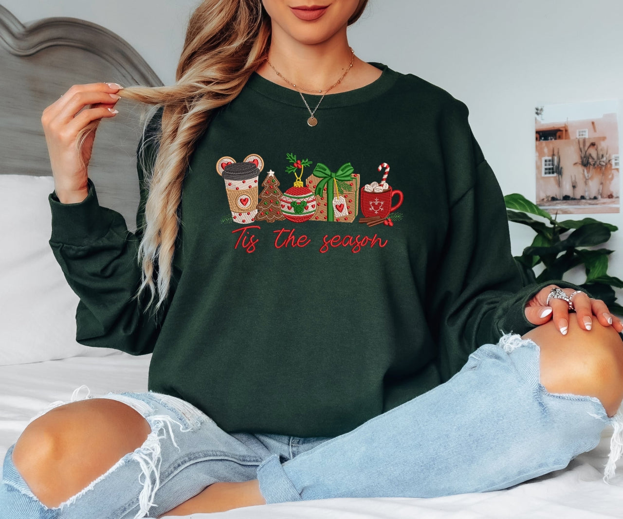 Long Sleeves Embroidered  Tis The Season Dark Green (Pre-Order)