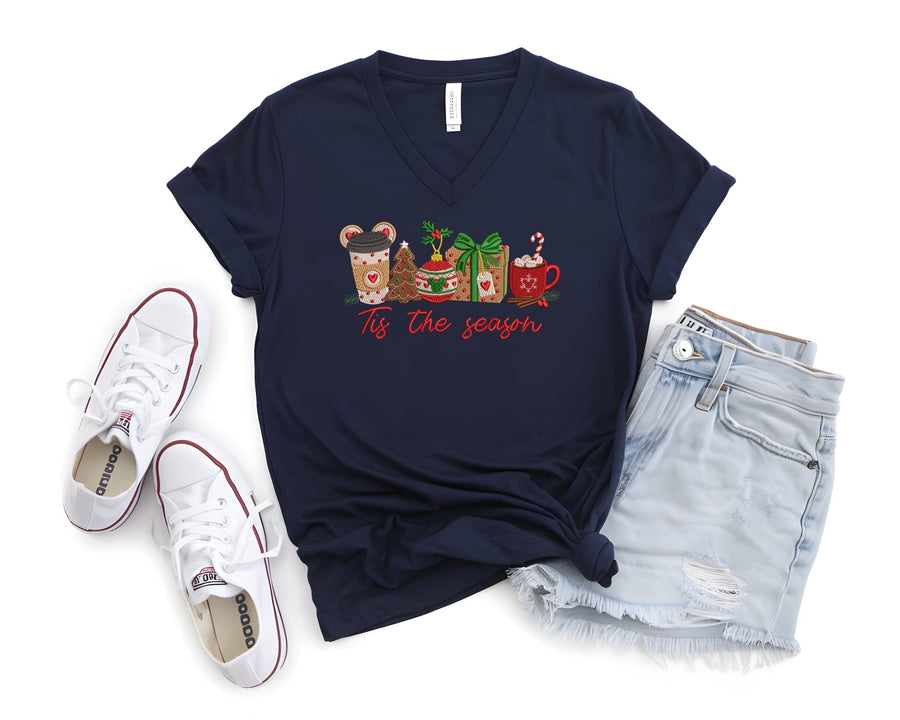 V-Neck Embroidered Navy Tis The Season Tee (Pre-Order)