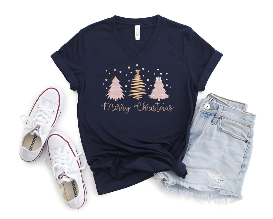V-Neck Navy Embroidered Christmas Tree Tee (Pre-Order)