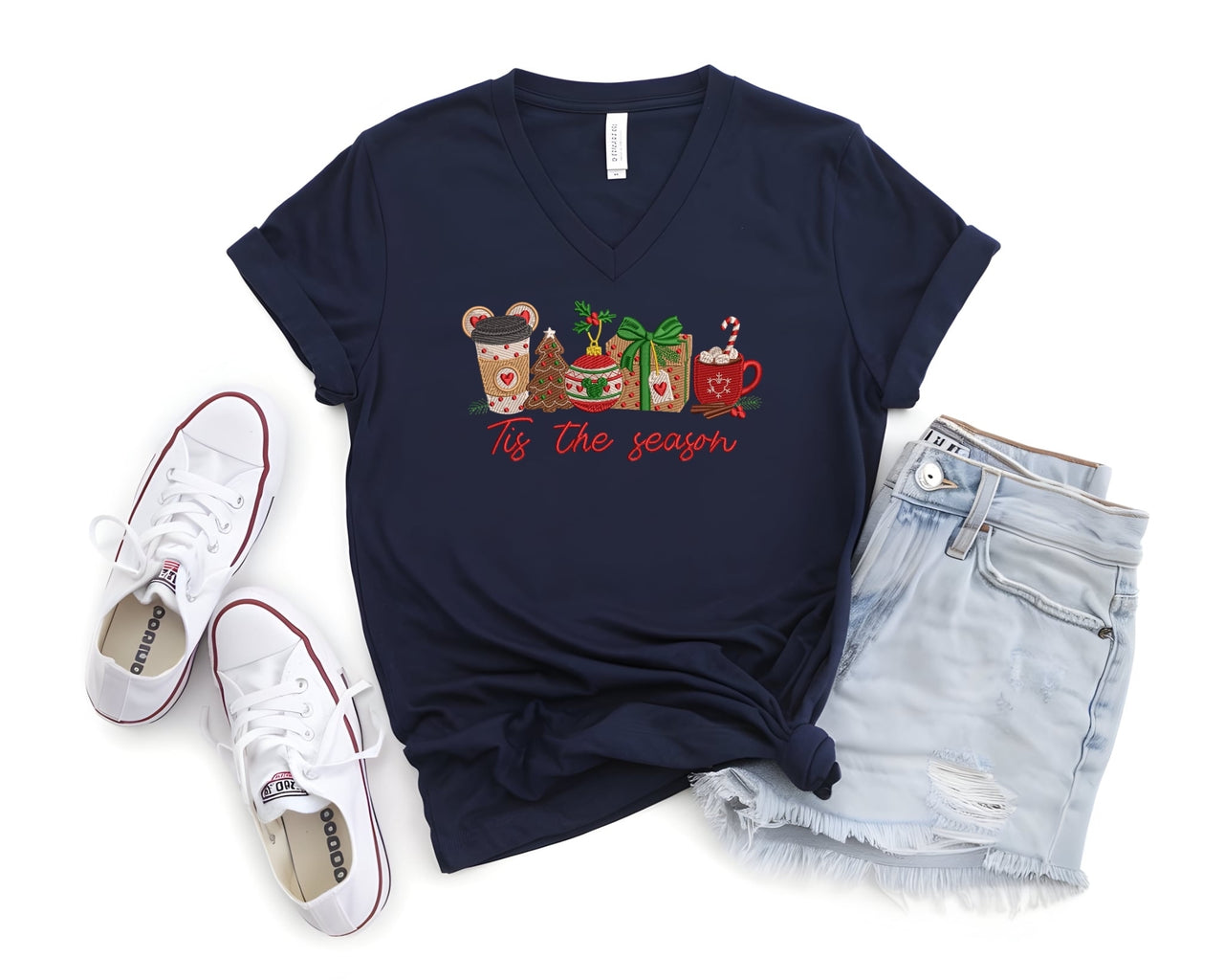 V-Neck Embroidered Navy Tis The Season Tee (Pre-Order)