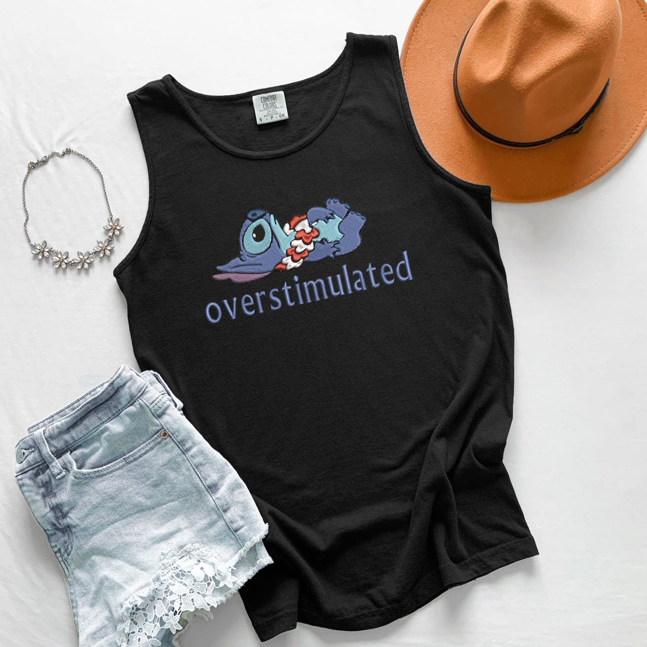 Tank Top -  Black Embroidered Overstimulated (Pre-Order)