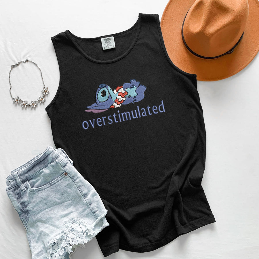 Tank Top -  Black Embroidered Overstimulated (Pre-Order)
