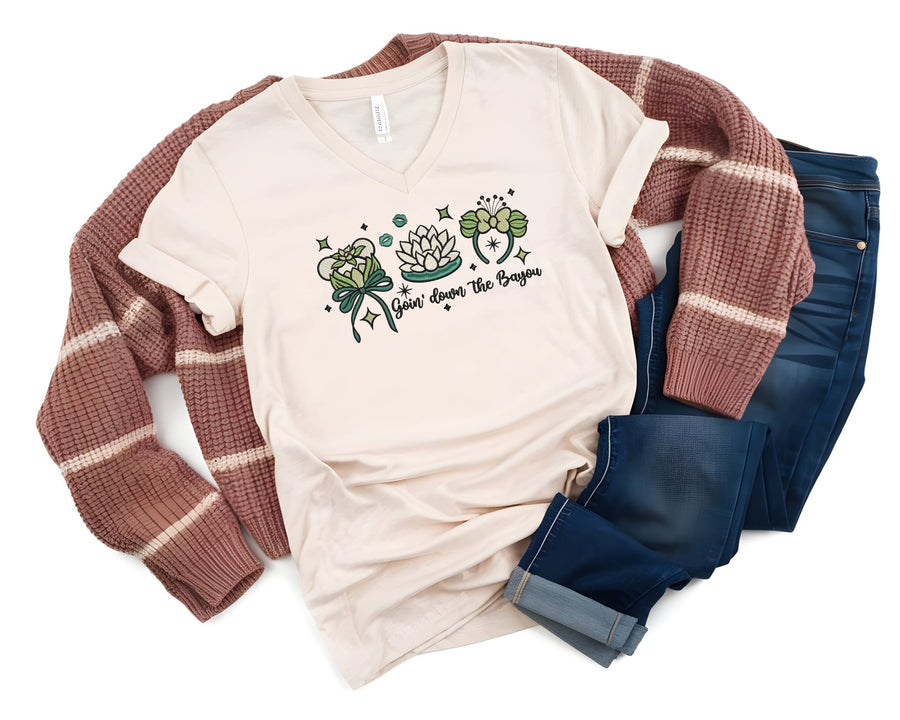 V-Neck Cream Embroidered Going Down By Bayou Tee (Pre-Order)