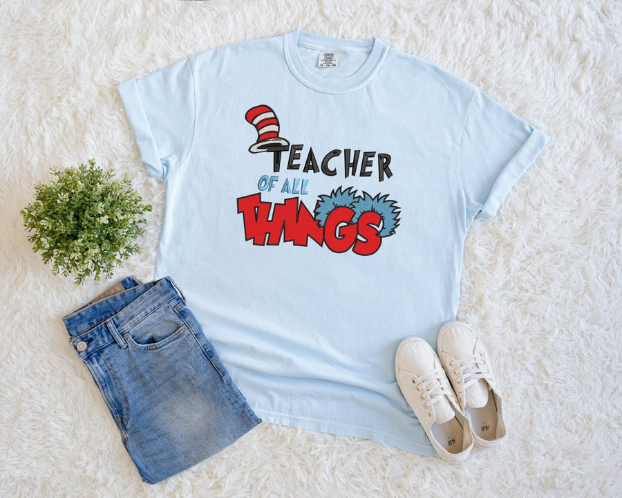 Chambray Embroidered TEACHER of All Things Tee (Pre-Order)